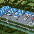 Industrial Factory with Blue White Roofs Warehouse Buildings Surrounded by Trees River Parking Trucks Cranes