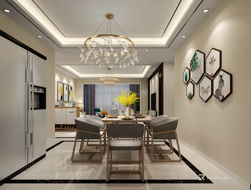 Modern Living Dining Room Interior Design With Chandelier Dining Table And Hexagonal Wall Art 3d model 