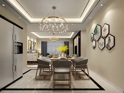 Modern Living Dining Room Interior Design With Chandelier Dining Table And Hexagonal Wall Art 3d model