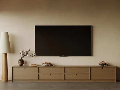 Minimalist Wooden TV Stand With Floor Lamp Vase Books And Decorations Under Mounted TV 3d model