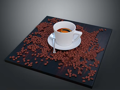 White Coffee Cup With Coffee And Silver Spoon On Dark Wooden Tray With Coffee Beans 3d model