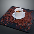 White Coffee Cup With Coffee And Silver Spoon On Dark Wooden Tray With Coffee Beans