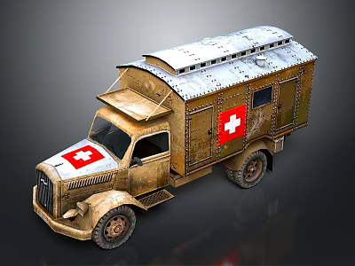 Vintage Ambulance With Red Cross Markings Rustic Brown Exterior And Metal Roof Design 3d model