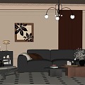 Middle Ancient Style Living Room Sofa Coffee Table Combination Sofa Background Wall Chandelier Single Sofa 3d model