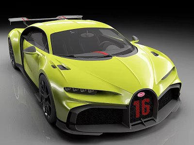 Yellow Bugatti Sports Car With Streamlined Design Front Fascia Number 16 Shiny Exterior 3d model
