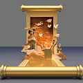 Chinese Traditional Art Installation with Golden Scroll Ancient Figures Cranes and Clouds
