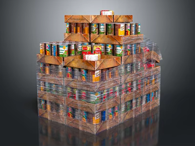 Colorful Stacked Cans and Cardboard Boxes in Multiple Layers Storage 3d model