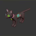 3D Gray Cat Model With Pink Ears Green Eyes Red Collar And Colorful Decorations