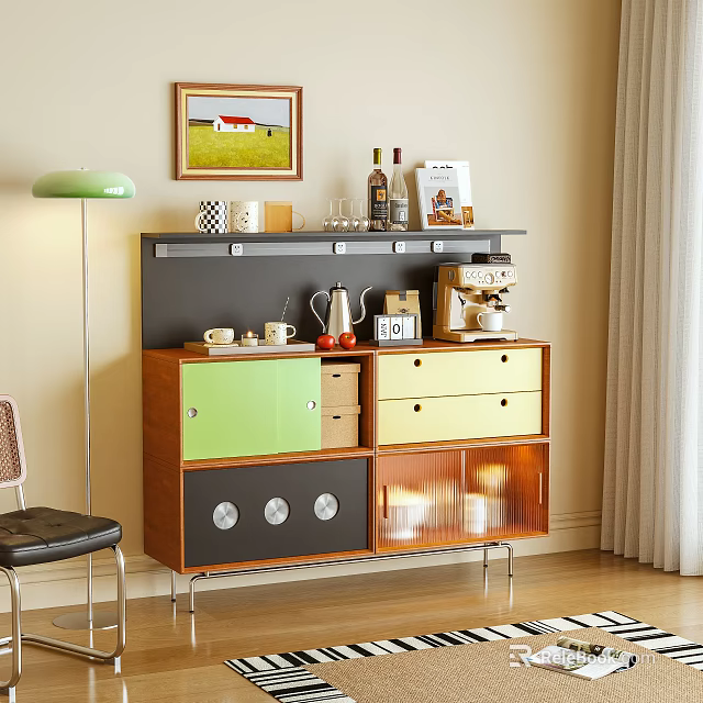 Modern Wooden Sideboard With Colorful Drawers Glass Doors And Decorative Items 3d model 