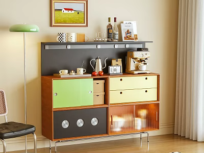 Modern Wooden Sideboard With Colorful Drawers Glass Doors And Decorative Items 3d model
