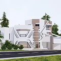 Modern Detached Villa With Geometric Exterior Design Surrounded By Trees Green Lawn And Large Windows