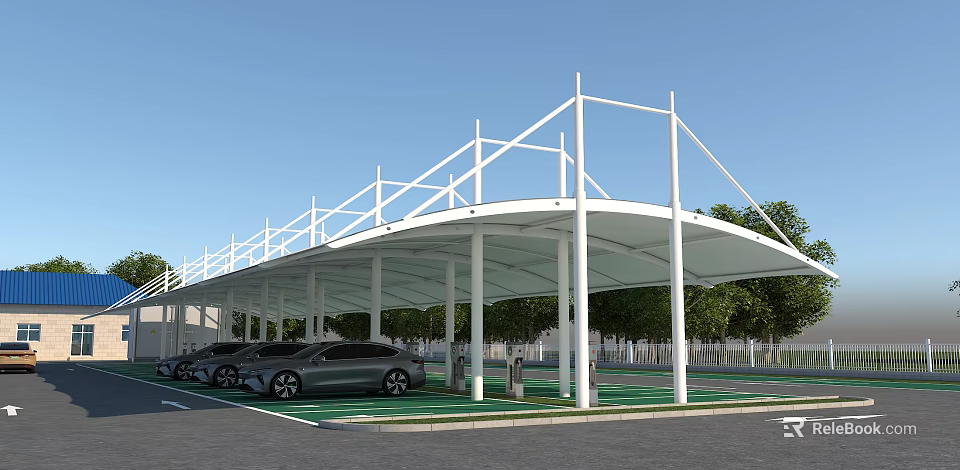 Modern High Strength Membrane Structure Car Shade Canopy For Electric Vehicle Charging Parking Lot 3d model 
