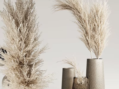 Tall And Small Gray Concrete Vases With Pampas Grass For Interior Decor 3d model