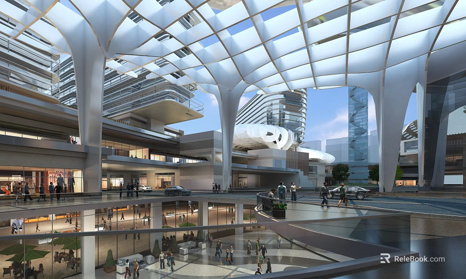 Modern Commercial Street With Glass Dome Pedestrians Vehicles And Multi Storey Buildings 3d model 