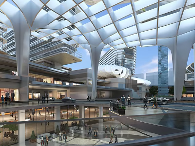 Modern Commercial Street With Glass Dome Pedestrians Vehicles And Multi Storey Buildings 3d model