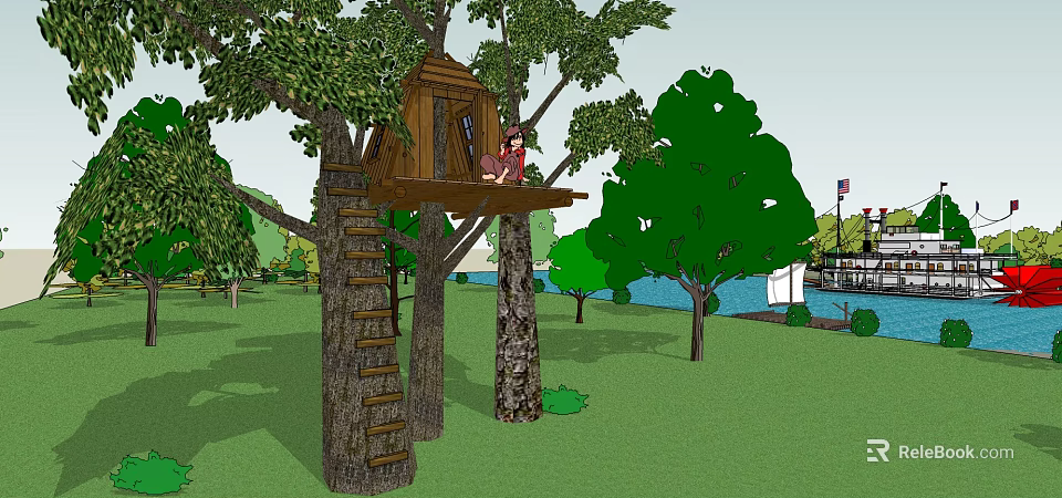 Cozy Treehouse Built In Trees With Wooden Ladder Surrounded By Green Trees Grass And Water 3d model 