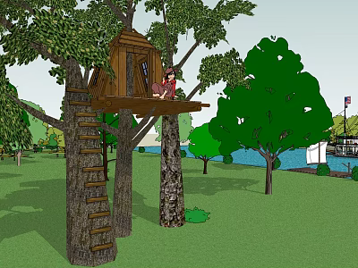 Cozy Treehouse Built In Trees With Wooden Ladder Surrounded By Green Trees Grass And Water 3d model