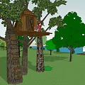 Cozy Treehouse Built In Trees With Wooden Ladder Surrounded By Green Trees Grass And Water