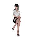 Woman in White Shirt and Black Skirt Sitting in Three Different Poses with High Heels
