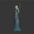 Detailed Mythical Woman In Blue Robe With Golden Halo And Orb Staff