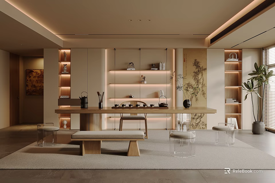 Modern Tea Room Interior Design With Wooden Table Shelves Chairs And Tea Sets 3d model 