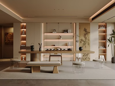 Modern Tea Room Interior Design With Wooden Table Shelves Chairs And Tea Sets 3d model