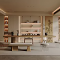 Modern Tea Room Interior Design With Wooden Table Shelves Chairs And Tea Sets