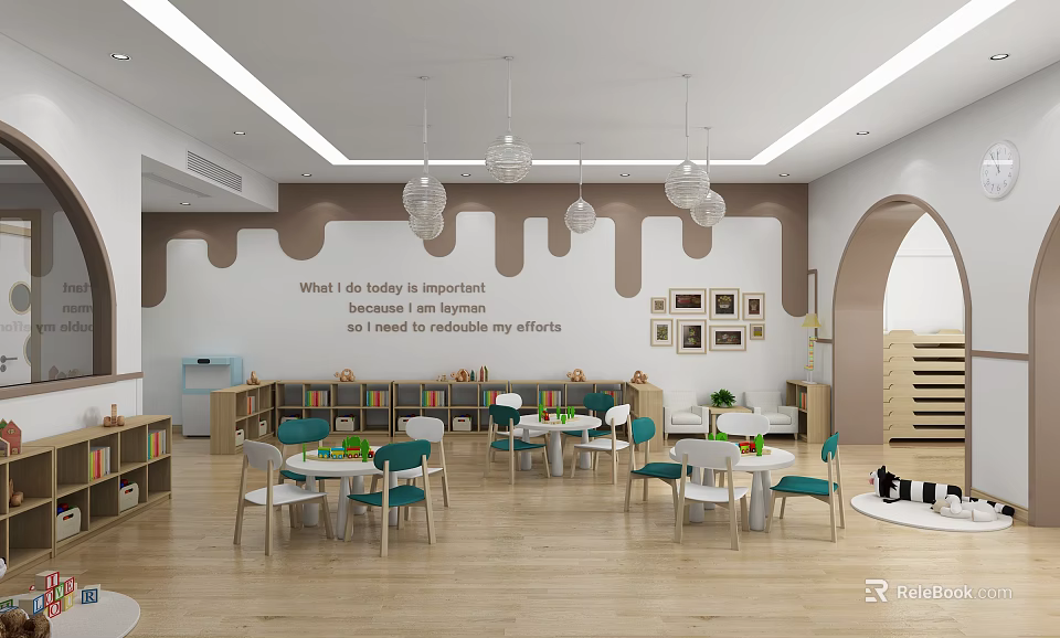 Preschool Classroom with Bright Tables Chairs Bookshelves Pendant Lights and Wooden Floor 3d model 