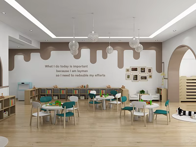 Preschool Classroom with Bright Tables Chairs Bookshelves Pendant Lights and Wooden Floor 3d model