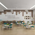 Preschool Classroom with Bright Tables Chairs Bookshelves Pendant Lights and Wooden Floor