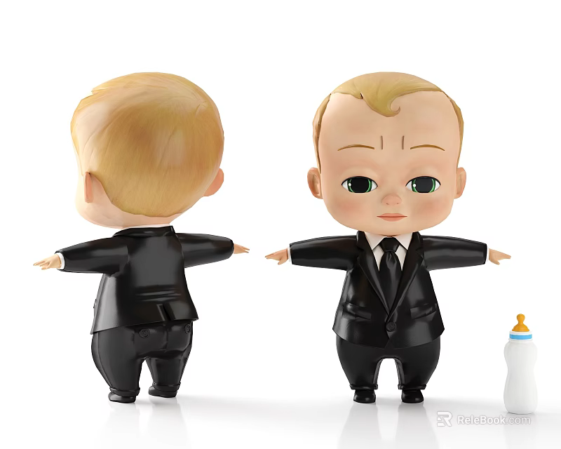 Blonde Hair Baby Doll in Black Suit with Arms Outstretched and Baby Bottle 3d model 