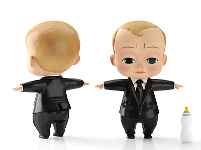 Blonde Hair Baby Doll in Black Suit with Arms Outstretched and Baby Bottle 3d model