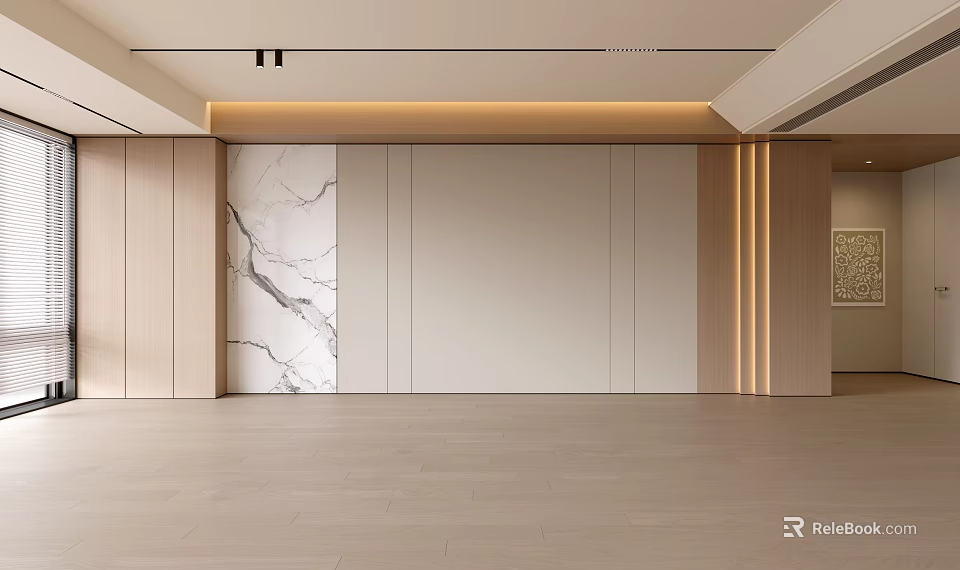 Modern Living Room Interior Design With Marble Accent Wall And Wooden Panels 3d model 