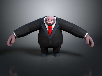 Cartoon Man in Black Suit With Red Tie Large Arms and Smiling Face 3d model
