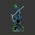 Man in Blue Robe Holding Green Glowing Object and Scythe on Green Base Sculpture