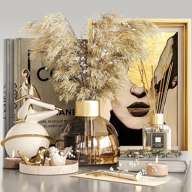 Decorative Ornament Set with Golden Pampas Grass Clear Vase Sculpture and Diffuser for Home Decor 3d model 