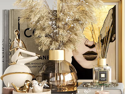 Decorative Ornament Set with Golden Pampas Grass Clear Vase Sculpture and Diffuser for Home Decor 3d model