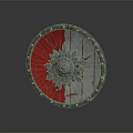 Medieval Shield with Red and White Wooden Surface Sunflower Metal Decoration and Metal Rivets