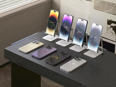Multiple Smartphones on Stands Display Various Colors and Screen Contents 3d model