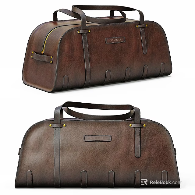 Brown Genuine Leather Duffle Bag With Top Handle And Metal Buckle Accents 3d model 