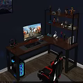 Gaming Corner Desk Setup With Blue Light Monitor Keyboard Headphones And Action Figure Shelf