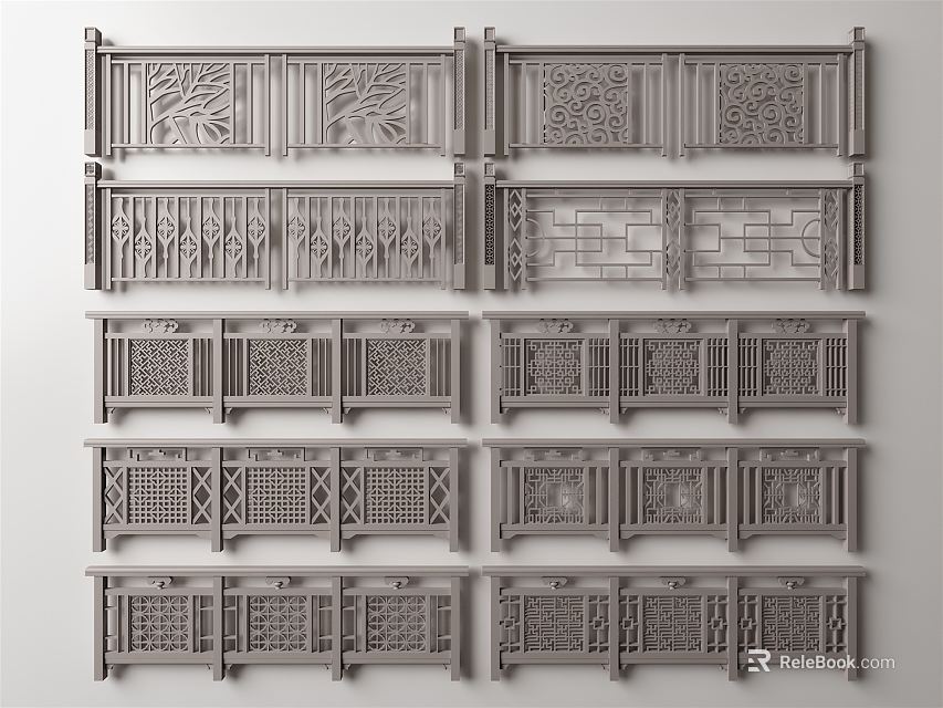 Traditional Carved Fence Designs Featuring Various Ornate Intricate Patterns And Styles 3d model 