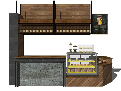 Modern Coffee Shop Reception Counter With Wooden Shelves Jars Display Case And Pastries 3d model
