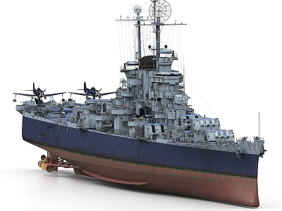 Vintage Warship With Blue Hull Red Bottom And Aircraft On Deck 3d model