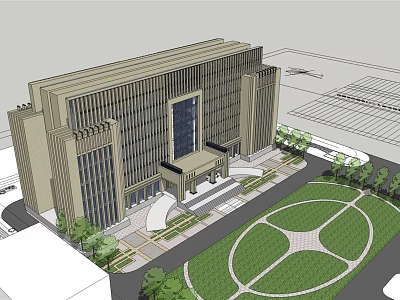 Modern Office Building With Glass Curtain Wall Grand Entrance Landscaped Garden And Open Plaza 3d model