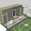 Modern Office Building With Glass Curtain Wall Grand Entrance Landscaped Garden And Open Plaza