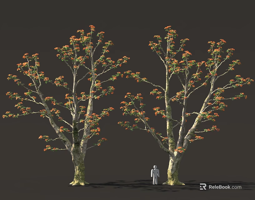 Two Trees With Orange Green Leaves And Small Figure Standing Below 3d model