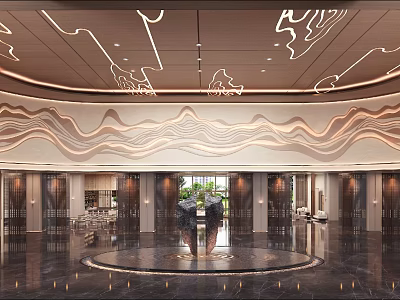 Luxurious Modern Hotel Lobby Interior With Ornate Ceiling Wavy Wall Panel And Polished Marble Flooring 3d model