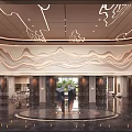 Luxurious Modern Hotel Lobby Interior With Ornate Ceiling Wavy Wall Panel And Polished Marble Flooring