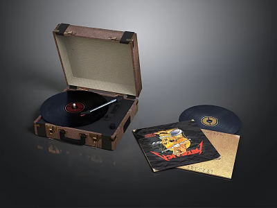 Open Vintage Leather Case Vinyl Record Player With Black Vinyl Records And Album Covers 3d model